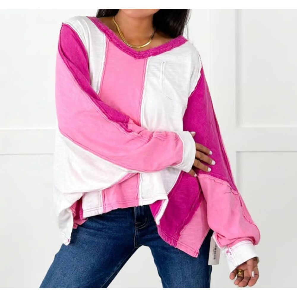 Blue Velvet Pink & White Boho Dolman Patchwork Distressed Top, M